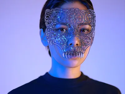 Geometry nodes 3d model glass skull mask animation 3d 3d animation 3d art animation fashion fashionmask fashionstyle geometrynodes girl glass mask masquerade photo shorthair vampireteeth venetian