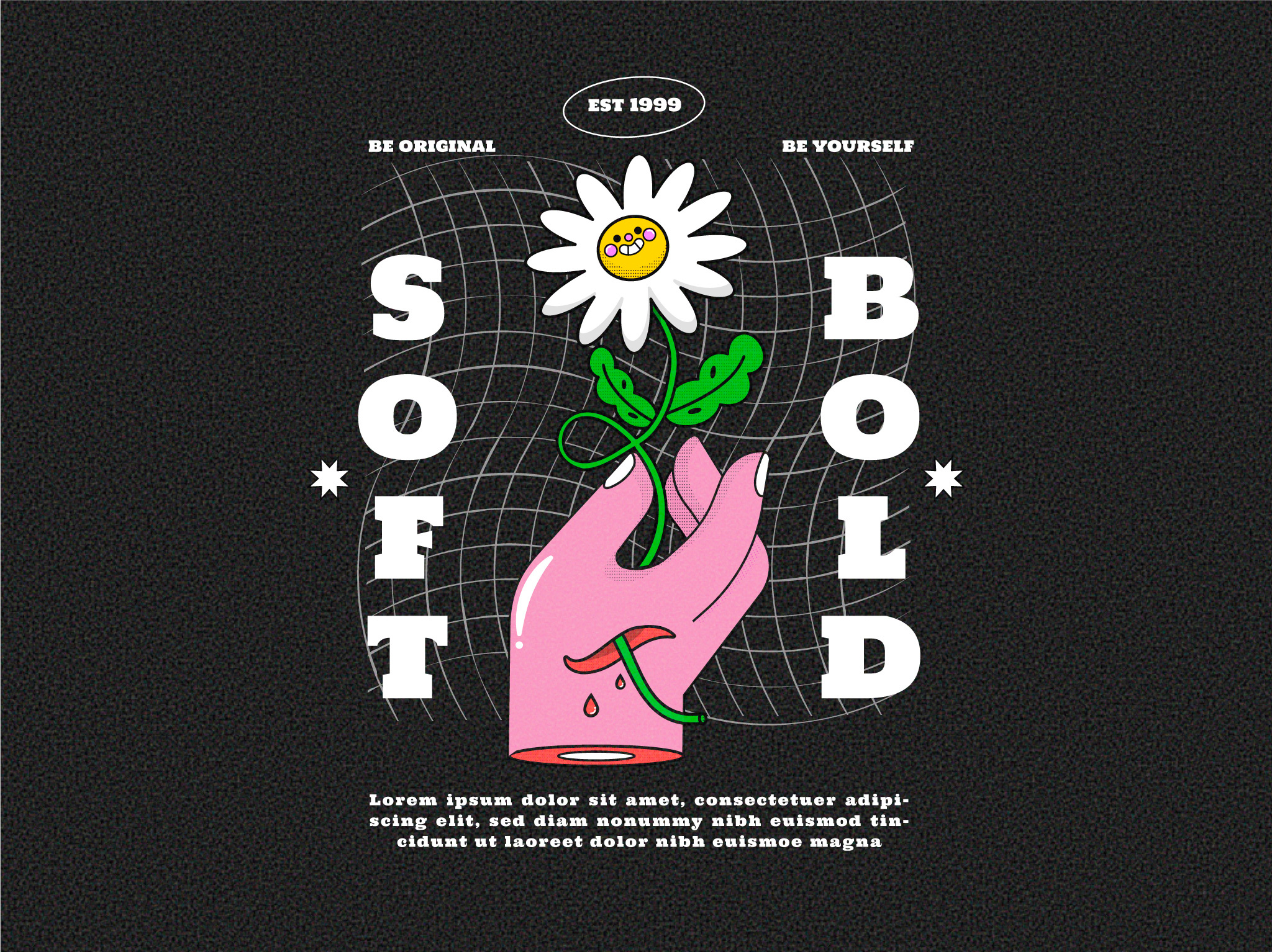 Soft & Bold🌼 2d art acid style character design flat illustration maximalist design old cartoon old school retro smile flower streetwear trendy urban style vector