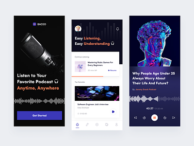 BACEO - Podcast Mobile App app audio clean design live streaming mobile mobile app mobile design music app music ui player podcast podcast app podcast audio podcasting sound streaming ui design ux ux design whitespace