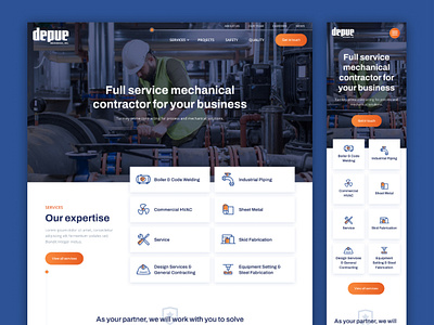DePue Mechanical :: Homepage blue blue and orange construction contractor factory gradient button hero homepage iconography industrial mechanical mobile orange responsive services ui ux