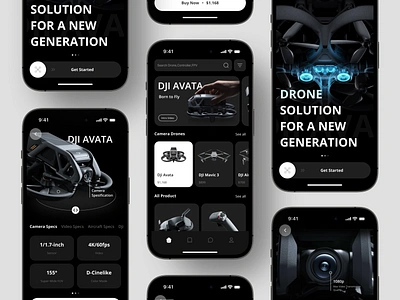 Drone Store App app app design black camera drone clean dark dark theme design dji drone drone shop drone store ios iphone mavic mobile product shop ui