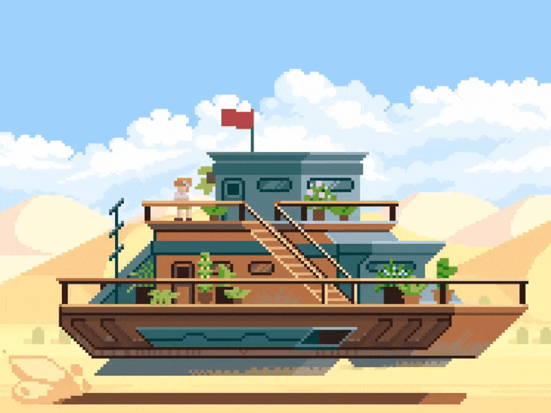 Desert Ship 8bit cacti contrast desert dunes fantasy fiction illustration pixelart retro sand science ship sunny