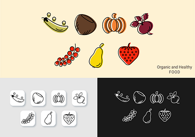 Line icons beetroot berry currant food fruits hazelnut healthy illustration line icons organic outline pea pear pumpkin set strawberry vector vegetables vegetarian