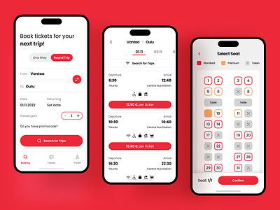 Bus Ticket Booking 🚌 - Mobile App app booking booking app bus bus app clean concept design interface ios minimal mobile mobile app red ticket ticket app ticket booking travel ui ux