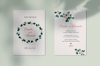 Watercolor wedding invitation art card celebration drawing fiance fiancee floral flowers green greeting heart illustration invitation leafs love nature rustic vector watercolor wedding