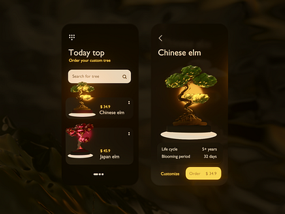 Bonsai App in Dark Mode 3d app blender bonsai dark darkmode design interface light modeling shop tree ui user experience user interface ux