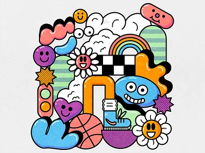 Basketball & Hills basketball blue color fun gold green happy illustration pink shapes vector