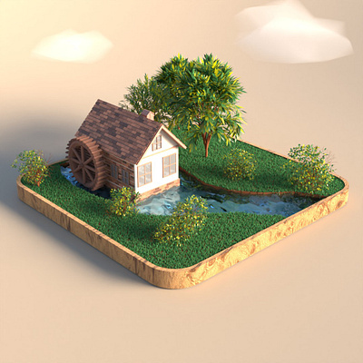 Mill House 3d animation blender cute cycles house isometric mill trees water