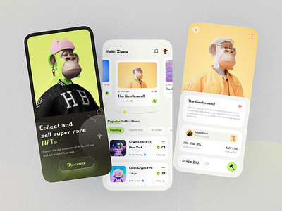 NFT Marketplace app UI design! artist cryptocurrency digitalart ethereum metaverse nft nft details page nft list page nft mobile app nft mobile screen nft ui nft ui design nftartists nftdrop openseanft