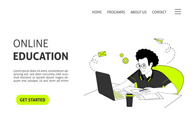 Online education computer design distance education illustration landing page laptop learning lesson man online platform remote school student study vector virtual work workplace