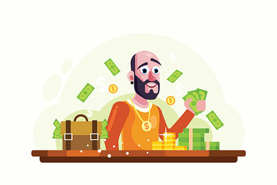 Rich Man with Money and Gold Vector Illustration success