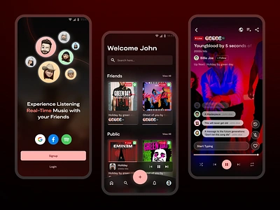 Real-time music sharing app app artist beats chats design lyrics mobile app music music sharing musicapp musicplayer playerui playlist screens sharing songs streaming ui ux videoplayer