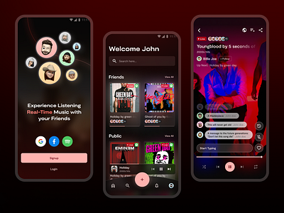 Real-time music sharing app app artist beats chats design lyrics mobile app music music sharing musicapp musicplayer playerui playlist screens sharing songs streaming ui ux videoplayer