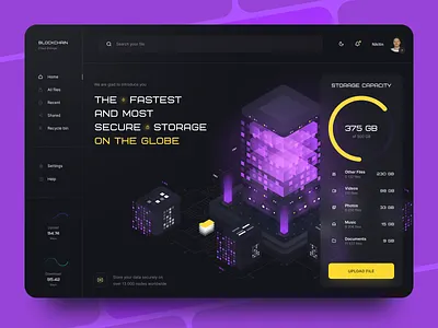 Blockchain Cloud Storage Dashboard analytic blockchain cloud dark dashboard data design documents files folder management sharing storage system tech technologies ui ux