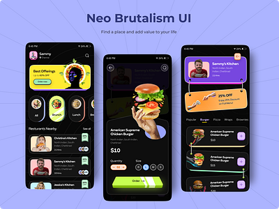 Food Delivery App Neo - Brutalism branding design designer illustration logo ui ui ux uidesign uiux webdesign