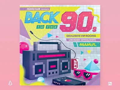 Back To The 90s Flyer Retrowave Night 80s 90s back to the 90s boombox indie memphis design music retro synthwave vaporwave