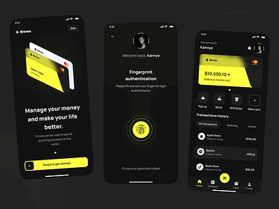 Finance app - dark mode app design bank account bank app bank card banking banking app credit card dark finance app finances financial financial app fintech ios money management money tansfer products design transactions ui