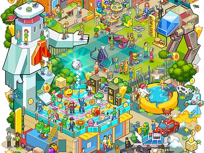 "Cats follow me" illustration isometric pixelart