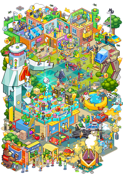 "Cats follow me" illustration isometric pixelart