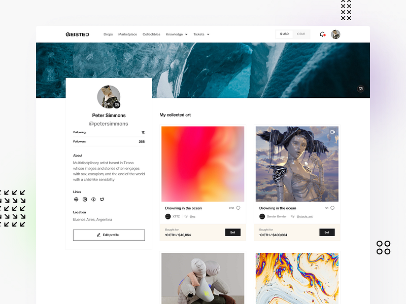 NFT Marketplace – Artist profile art artist cards crypto figma nft product design profile profile page ui user web 3 web3 website