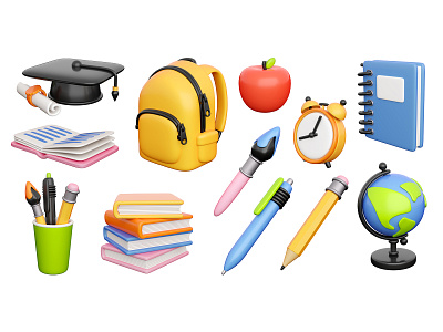 3d school icons set concept