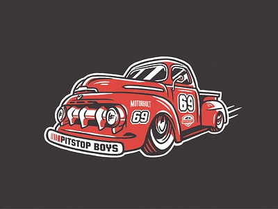 Vintage Pickup Illustration auto hand drawn hot rod illustration nascar pickup truck race car red truck