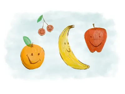 Four Fruit Friends apple banana brushes characters cherries cherry doodle eat food fruit fun happy markers orange procreate retro seattle smile texture washington