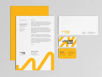 Stationery Design Mustard Films branding business card design identity letter m letterhead logo logo design m minimal mustard stationery design typography vector