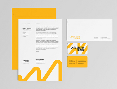 Stationery Design Mustard Films branding business card design identity letter m letterhead logo logo design m minimal mustard stationery design typography vector