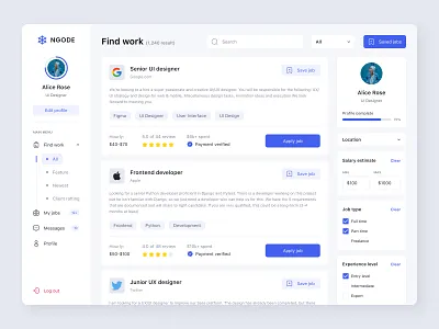 Ngode - Jobs Finder Dashboard dashboard dekstop design designer figma find job job finder new popular ui ui design ui inspiration ui trend uiux user interface ux web design website work worker