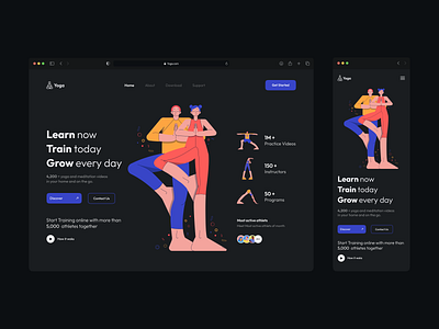 Yoga Landing Page - Dark Mode🤘🌞 3d app design graphic design illustration landing landingpage meditation trend typography ui ux vector web yoga