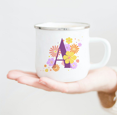 Floral Monogram "A" Mug a cup floral flower flowers illustration monogram mug orange procreate purple yellow