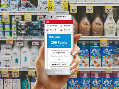 Rewarding Loyalty branding coupons design digital food gallon gas groceries in mobile money off points rebates rewards savings shopping store ui ux
