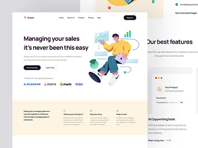 Retjeh - Sales Management Landing Page 📊 analytics app chart design illustration infographic landing page management minimal saas saas landing page sales sales management ui ux web