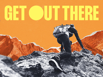 Outdoors Non-Profit Hero Graphic (concept art) branding design grunge hiker hiking illustration mountains non profit orange outdoors paper sun texture typography wilderness yellow