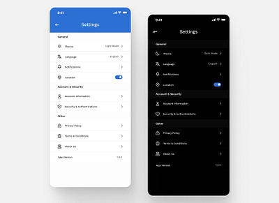 Settings aplication branding dailyui dailyui007 dark mode design illustration light mode logo mobile app mobile ui settings settings mobile ui settings page settings screen ui uiux