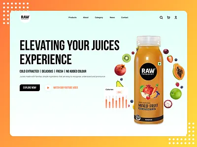 RAW Fruit Juices Web Design 3d branding colorful design figma fresh juice fruit fruit juices fruity header juices landing page marketplace minimal raw pre shakes ui ux web design website design