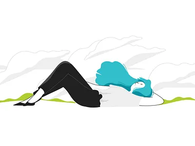 Relaxed alone clouds field flat girl green illustration lineart mental health minimalistic relax sky vector
