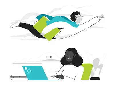 Office hero flat flying green hero illustration lineart mental health minimalistic office vector work