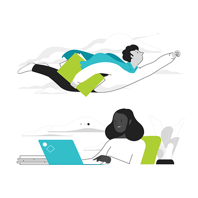Office hero flat flying green hero illustration lineart mental health minimalistic office vector work