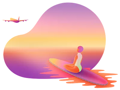 Staying away from the usual fuss colorful colors editorial getaway holiday illustration plane illustration purple relaxation sunset sunset girl surfing girl tropical vacation woman on a sup board