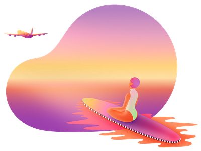 Staying away from the usual fuss colorful colors editorial getaway holiday illustration plane illustration purple relaxation sunset sunset girl surfing girl tropical vacation woman on a sup board