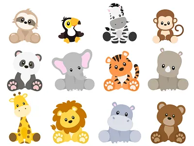 Jungle Animals Sitting Set 1 design flat illustration vector