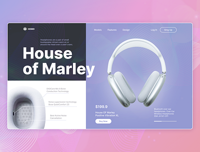 Online Electronics Store / HOMO 2022 bluetooth buy design earflaps earphones ears electronics gradient headset landing page main screen noise online shop sound store technology ui ux web design