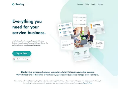 Clientary Landing Page branding design freelance landing logo marketing saas software typography ui