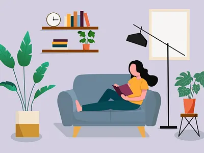 Stay at Home app branding chair design flat girl graphic design illustration landing page reading sit stay at home ui ux vector