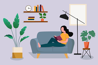 Stay at Home app branding chair design flat girl graphic design illustration landing page reading sit stay at home ui ux vector