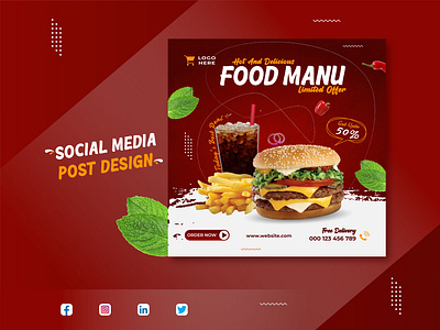 Burger Food Manu - Social Media Post advertising banner branding burger coke post cover design facebook post food manu french fries graphic design illustrator design instagram post linkedin post marketing photoshop design post mokeup poster design print design social media post