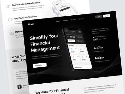 Finance App Landing Page - Fines! animation app website bank features finance finance website hero section home page landing page landing page app money management motion graphics product prototype ui ux wallet wallet app web design website