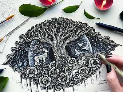 Ethereal Dream animal art artwork botanical branding deer design drawing floral flowers hand drawn handmade illustration landscape logo natural nature scenery surreal art tree